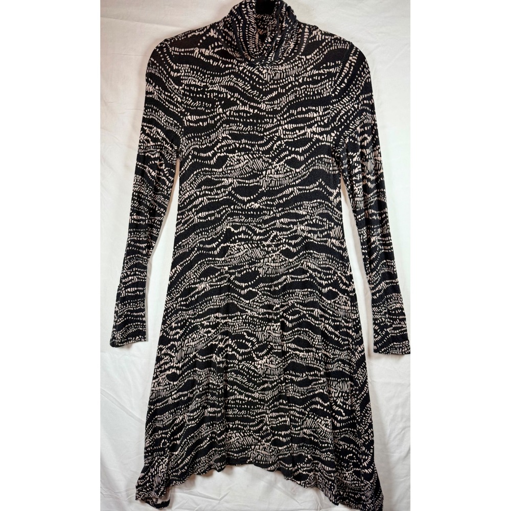 Maeve Black White Abstract Wave Knit Turtleneck Sharkbite Hem Dress Sz S comfort